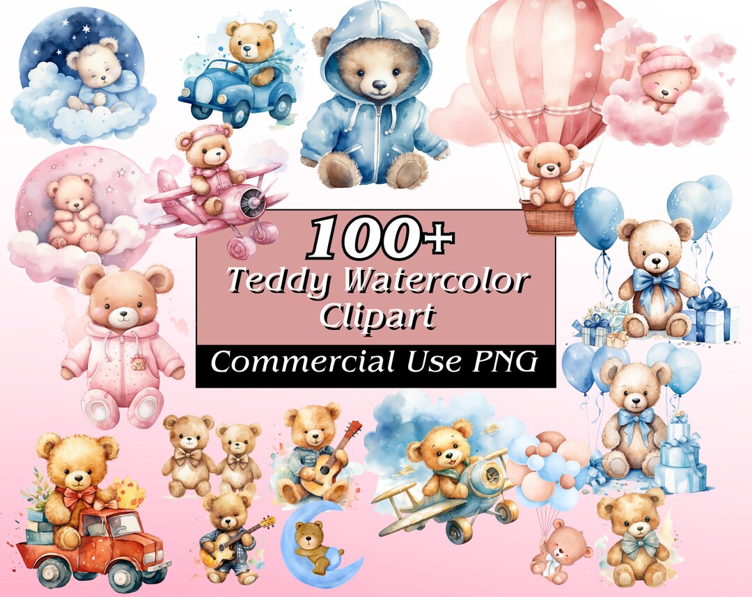 Watercolor Teddy Bear Clipart Bundle, Baby Shower Boy, Boho Teddy Bear ...
