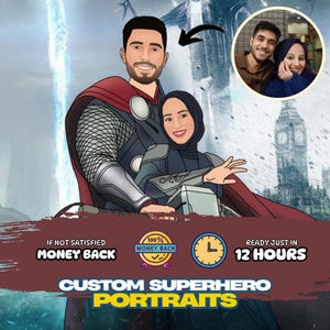 GRANDE PROMOÇÃO! Retrato de super-herói personalizado a partir de foto, arte de família de super-heróis em desenho animado personalizado, desenho de casal de super-heróis, presente exclusivo para aniversário