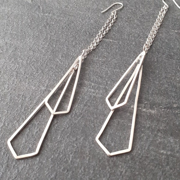 Long Geometric Dangle Silver Earrings Kite Design Diamond Shape Drop Jewellery