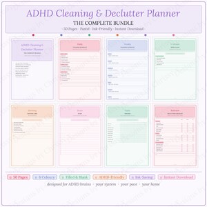May include: ADHD Cleaning & Declutter Planner bundle with 50 pages, in pastel colours. Includes daily, weekly, and 5-minute cleaning schedules, habit trackers, and more. Designed for ADHD brains.