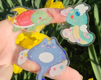 Versiegelte holographische Aufkleber | Himmlisches Meerestier | Kawaii Meeresbewohner | Sternenmeer | Schildkröte, Seepferdchen, Stachelrochen Clear Sticker