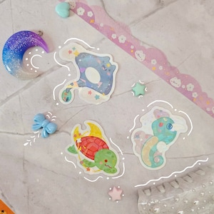Adesivi olografici Sealestial / Animale marino celeste / Creatura marina Kawaii / Oceano stellato / Tartaruga, Cavalluccio marino, Adesivo trasparente Stingray