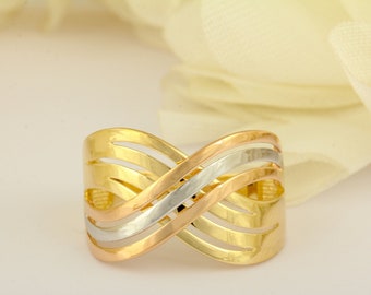 14K Solid Gold Two Tone Ring, Two Tone Crossover Multi Layer Band Ring, Mother's Days Gift, Mom Ring, Valentine's Day Gift
