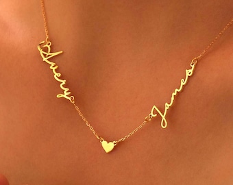Custom Two-Name Sterling Silver Handwriting Necklace - Heart Detail