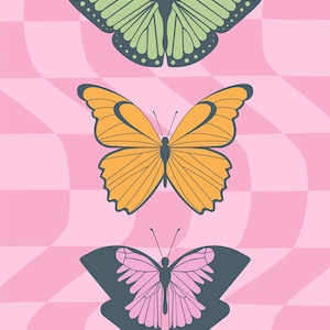 May include: Three butterflies with different wing patterns and colors. The top butterfly has green wings with black markings, the middle butterfly has orange wings with black markings, and the bottom butterfly has pink wings with black markings.