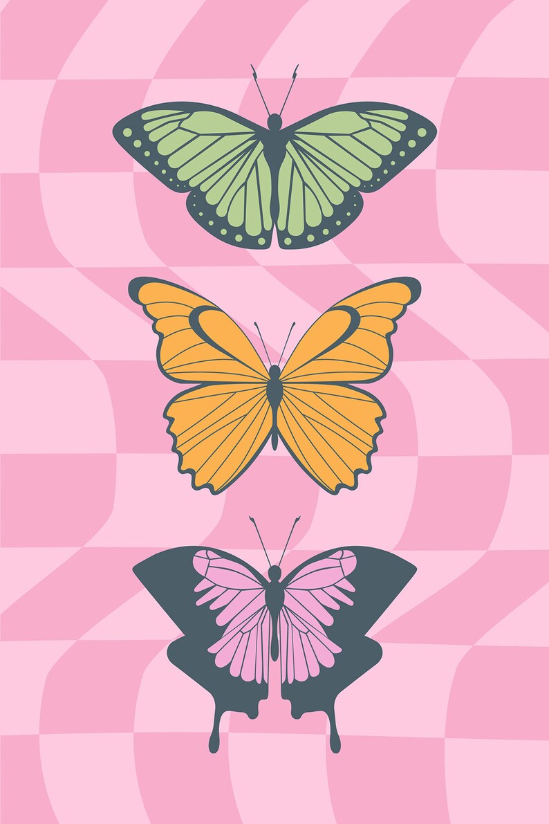 May include: Three butterflies with different wing patterns and colors. The top butterfly has green wings with black markings, the middle butterfly has orange wings with black markings, and the bottom butterfly has pink wings with black markings.