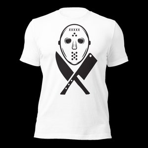 May include: White t-shirt with a black and white graphic of a hockey mask with crossed knives. The mask has the text "XXXXX" on the top.