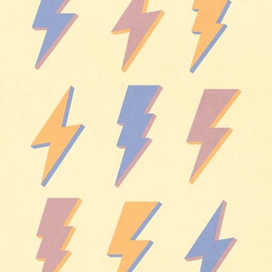 May include: Nine lightning bolt illustrations in various shades of blue, yellow, and pink. The lightning bolts are stylized and have a textured appearance.