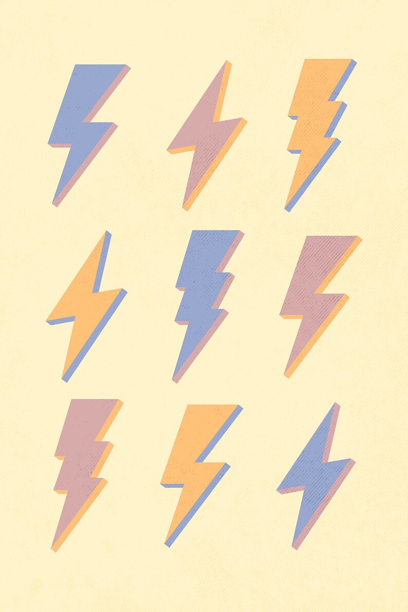 May include: Nine lightning bolt illustrations in various shades of blue, yellow, and pink. The lightning bolts are stylized and have a textured appearance.