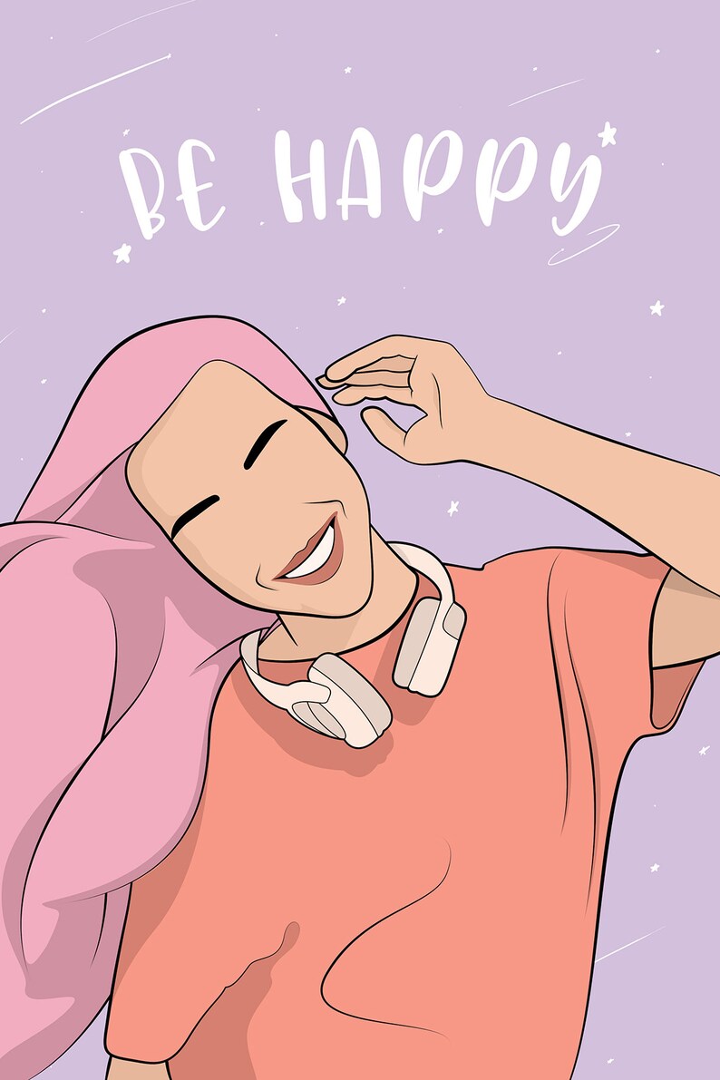 May include: A digital illustration of a person with pink hair wearing a peach colored t-shirt and white headphones. The person is smiling and has their hand behind their head. The background is a light purple with white stars. The text "BE HAPPY" is written in white at the top of the image.