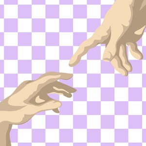 May include: Two hands reaching towards each other, with the fingertips almost touching. The hands are depicted against a purple and white checkered background.