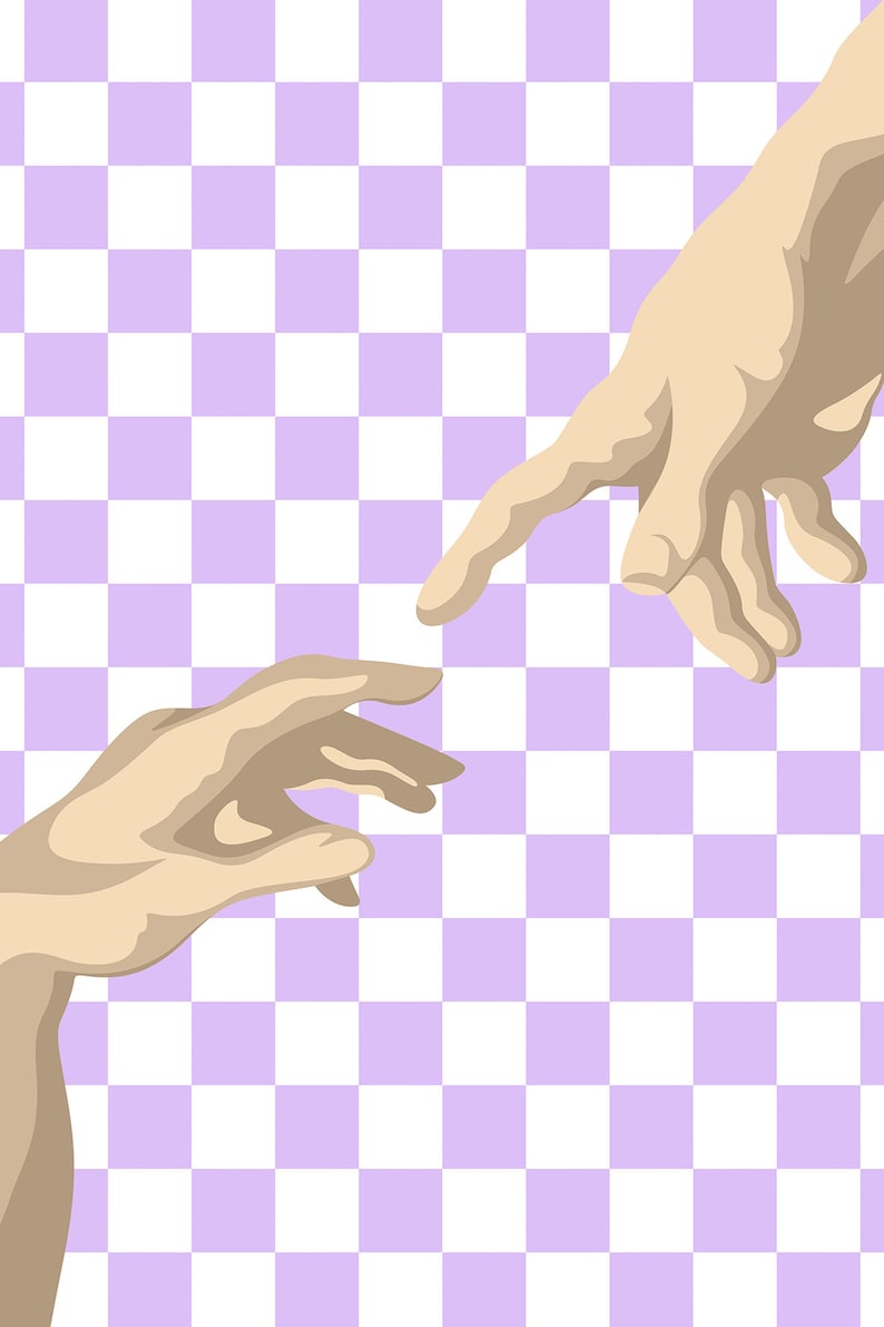 May include: Two hands reaching towards each other, with the fingertips almost touching. The hands are depicted against a purple and white checkered background.