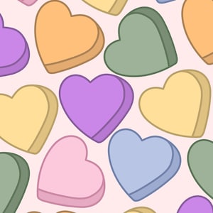 May include: A pattern of pastel-colored heart-shaped candies on a pink background. The candies are in various shades of pink, blue, yellow, green, and purple.