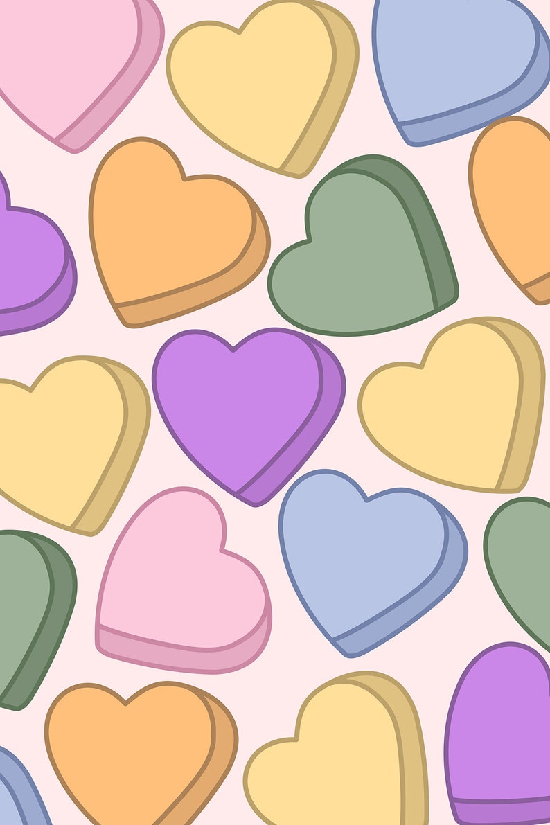 May include: A pattern of pastel-colored heart-shaped candies on a pink background. The candies are in various shades of pink, blue, yellow, green, and purple.