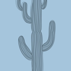 May include: A blue line drawing of a cactus with multiple arms. The cactus is outlined in white.