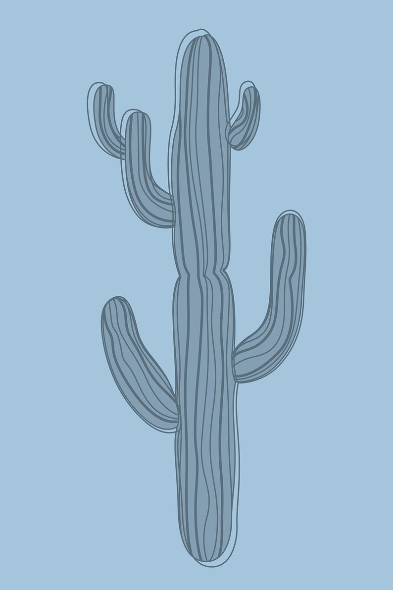 May include: A blue line drawing of a cactus with multiple arms. The cactus is outlined in white.