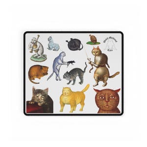 Peut inclure: Tapis de souris rectangulaire avec une collection d'illustrations de chats fantaisistes de style médiéval. Les chats sont représentés dans diverses poses et couleurs, avec le texte "Weird Medieval Cats" en haut à droite.