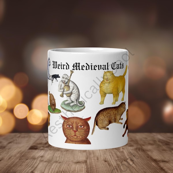 Taza de gatos medievales raros, taza de café de gatos feos y divertidos, regalo para amantes de los gatos