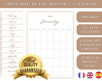 2023 Printable Calendar | 2023 Monthly Planner | A4, US Letter and more | Profile & Landscape | Monday and Sunday Start | Instant Download |