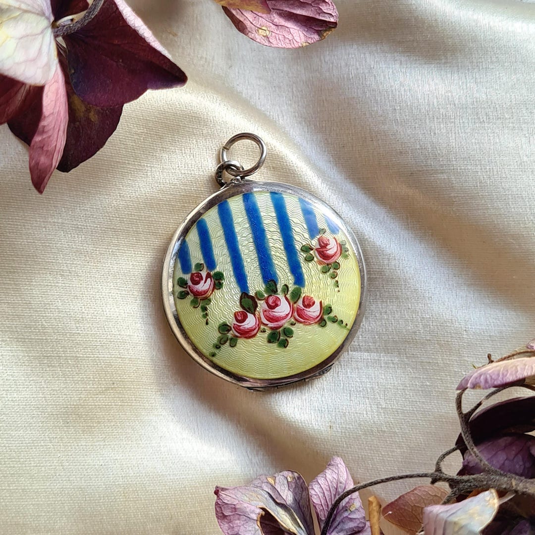 Antique Guilloche and Hand Painted Enamel Silver Locket With Stripes ...