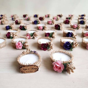 Wedding Favor Candle: Jute & Floral Decor, Personalized Wooden Tag