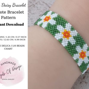 May include: A beaded bracelet with a daisy pattern. The bracelet is green with white and orange daisy flowers. The text on the image says "Green Daisy Bracelet Peyote Bracelet Pattern Instant Download". The bracelet is 0.57 inches wide and 4.99 inches long.
