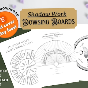 May include: A printable digital download bundle featuring Shadow Work Dowsing Boards. The set includes a circular Shadow Work Emotional Chart, a Shadow Trait Pendulum chart, and a circular board with a butterfly and snake illustration.