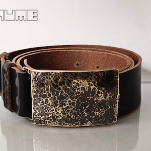 Handmade, hand forged, unique, oxidized brass buckle with genuine leather belt