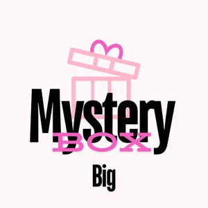 Könnte beinhalten: Eine rosa und weiße geöffnete Geschenkbox mit einer rosa Schleife und dem Text "Mystery Box Big" in Schwarz.