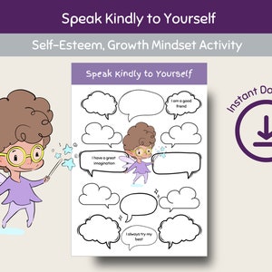 Speak Kindly to Yourself, Self-Esteem, Growth Mindset Activity, therapy resources, social emotional learning, challenge negative thought