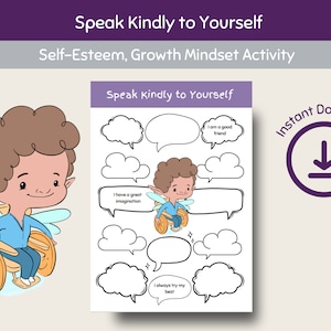 Speak Kindly to Yourself, Self-Esteem, Growth Mindset Activity, therapy resources, social emotional learning, challenge negative thought