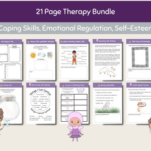 21 Page Kids Therapy Bundle, Coping Skills, Emotional Regulation, Self-Esteem, Calming Corner, Therapy Worksheets, Worries, CBT, Social Work
