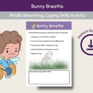 Bunny Breaths, Mindful Breathing, Coping Skills Activity, School Counsellor, Calming Corner, SEL, Zones of Regulation, Therapy Worksheets