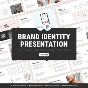 Op de afbeelding: Een digitale presentatie getiteld "Brand Identity Presentation" met de tekst "Kind Skin" en een Canva-logo. De presentatie bevat pagina's over sociale media, fotografierichting en kleurenpaletten. De presentatie is 21 pagina's, 16:9 landschap en bewerkbaar.
