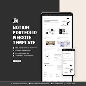 May include: A digital mockup of a Notion portfolio website template displayed on a tablet and smartphone. The template features a clean, minimalist design with the text "NOTION PORTFOLIO WEBSITE TEMPLATE". The design is designed for creatives and easy customisation.