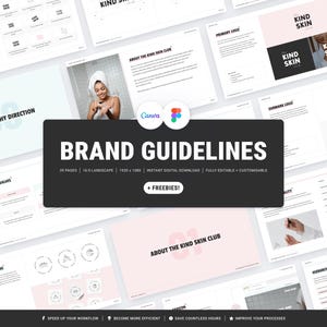 May include: A digital presentation titled "Brand Guidelines" with a black rectangular banner. The banner includes the text "Brand Guidelines" in white, along with details about the document's pages, dimensions, and digital download status. The presentation features the "Kind Skin" logo and related branding elements.