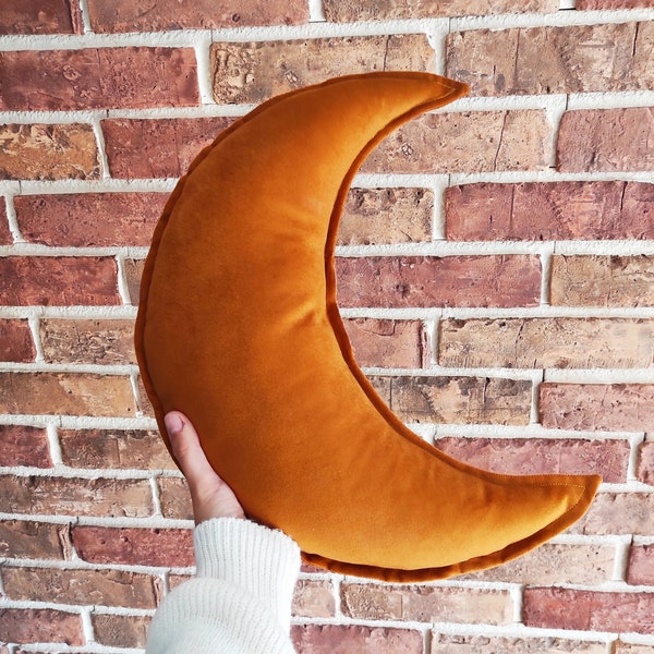 Moon Cushion - Mustard Rust, velvet crescent moon cushion, gift for a baby, Moon shaped pillow, Moon nursery pillow