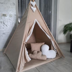 creamy Teepee Tent with Mat, Kids Teepee Tent for Girls, Portable Kids Playhouse, Girl Gift