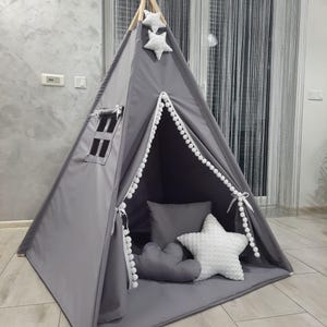 Tienda de campaña tipo tipi gris con colchoneta, tienda de campaña tipo tipi para niños y niñas, sala de bosque, casa de juegos para niños, regalo para niños, regalo para niñas