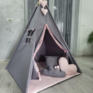 Tienda de campaña tipo tipi gris y rosa con tapete, tienda de campaña tipo tipi para niñas, casa de juegos portátil para niños, regalo para niñas