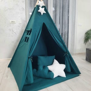 Tienda de campaña tipo tipi verde botella con tapete, tienda de campaña tipo tipi para niños, sala de bosque, casa de juegos para niños, regalo para niños