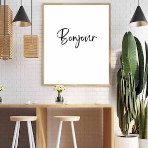 Bonjour Quote Office Decor Inspirational Gift Cubicle Decor Printable Neutral Wall Art Team Workplace Poster Print Welcome Sign French