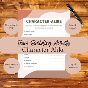 Könnte beinhalten: Ein druckbares Teambuilding-Arbeitsblatt mit dem Titel "Character-Alike". Das Arbeitsblatt fordert die Teilnehmer auf, einen Kollegen zu identifizieren, der sie an eine berühmte Figur erinnert, wie Sherlock Holmes, Willy Wonka, Yoda, Tarzan, Cinderella, die Bionic Woman/Man oder den Hutmacher.