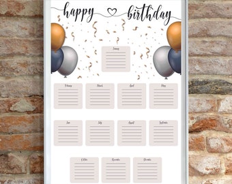Poster di compleanno stampabile per ufficio, grafico per compleanni del personale, riconoscimento dei dipendenti, display per il monitoraggio dei compleanni degli adulti, bacheca per la sala relax