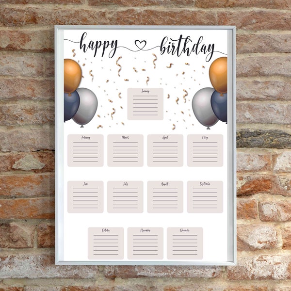 Printable Birthday Poster for Office Chart for Staff Birthdays Employee Recognition Adult Birthday Display Tracker Bulletin Board Break Room