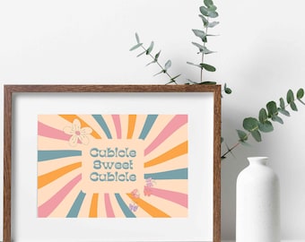 Wydrukowany słodki wystrój boksu biurowego, plakat z cytatem do biura, sztuka w miejscu pracy, plakat do biura, wystrój boksu, zabawny obrazek w stylu retro