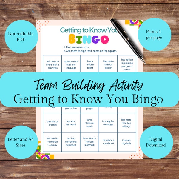 Single Version Getting to Know You Bingo Icebreaker Team Building for Staff or Employees Work or Office Party Simple Fun Corporate Activity