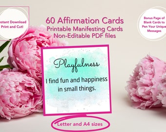 May include: 60 printable affirmation cards with a watercolor background and pink flowers. The card shown says "Playfulness I find fun and happiness in small things."  The cards are non-editable PDF files and come in letter and A4 sizes.
