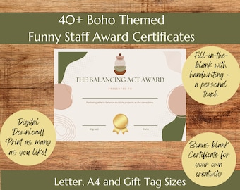 Funny Employee Recognition Certificate Staff Acknowledgement Party Appreciation Digital Printable Colleague Multi-Sized - Gift Tag|Letter|A4