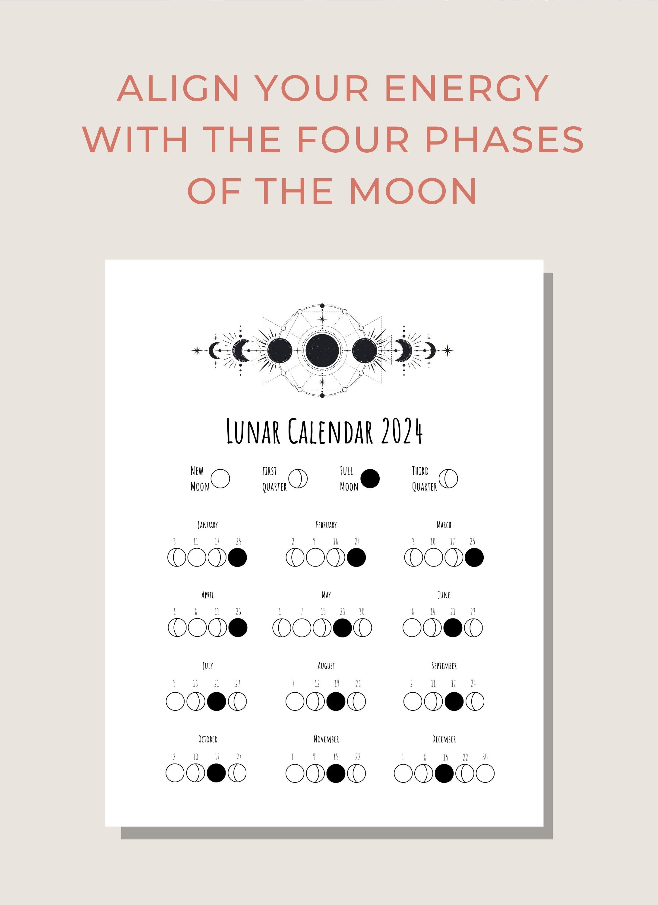 Mondkalender 2024 zum Ausdrucken Mondphasenkalender 8,5 '' x 11 '' Digitaler Download - Etsy.de